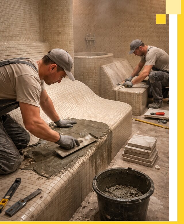 Лежаки для хамама под ключ в Нурлате, проект и монтаж